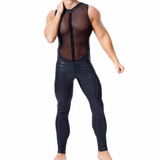 Men's PU Leather and Mesh Patchwork Jumpsuit / Sexy Male Black Zipper Sleeveless Bodysuits - EVE's SECRETS
