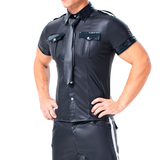 Herren-Polizei-Outfit/Polizisten-Uniform-Clubwear-Hemd aus PU-Leder mit kurzen Ärmeln