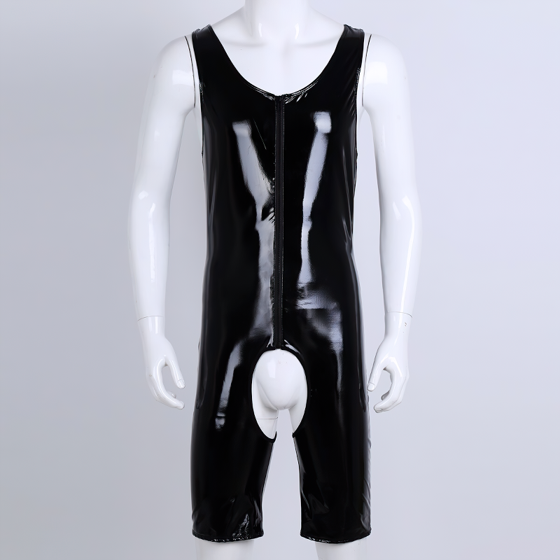 Men's PU Leather Wetlook Bodysuit / Sexy Gay Crotchless Cut Out Body Stocking - EVE's SECRETS