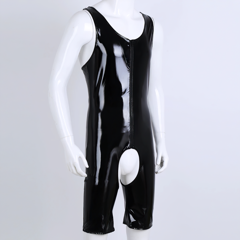 Men's PU Leather Wetlook Bodysuit / Sexy Gay Crotchless Cut Out Body Stocking - EVE's SECRETS