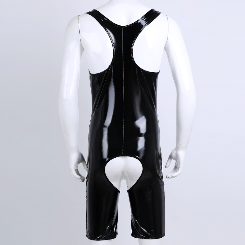 Men's PU Leather Wetlook Bodysuit / Sexy Gay Crotchless Cut Out Body Stocking - EVE's SECRETS