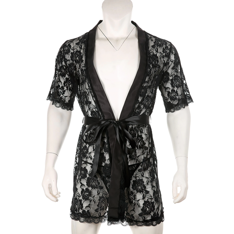 Men's See-Through Lace Night Robe / Half Sleeve Bathrobe / Male Loungewear - EVE's SECRETS