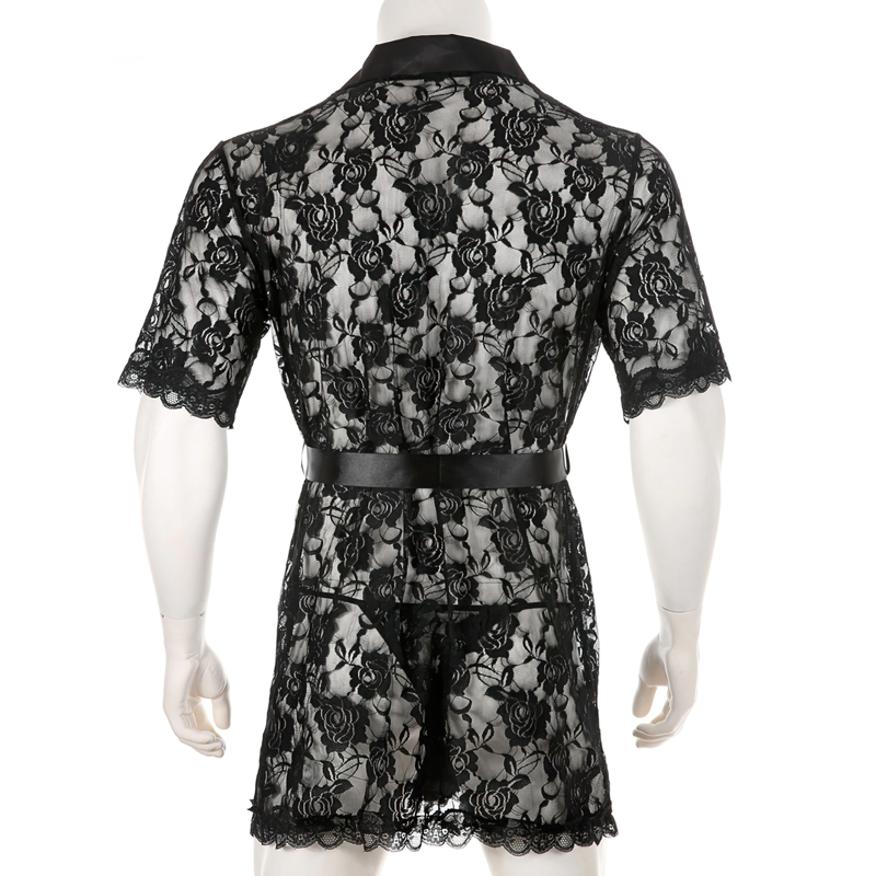 Men's See-Through Lace Night Robe / Half Sleeve Bathrobe / Male Loungewear - EVE's SECRETS