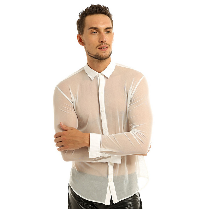 Men's See-through Mesh Shirt with Turn-down Collar and Long Sleeves / Sexy Outfits for Men - EVE's SECRETS