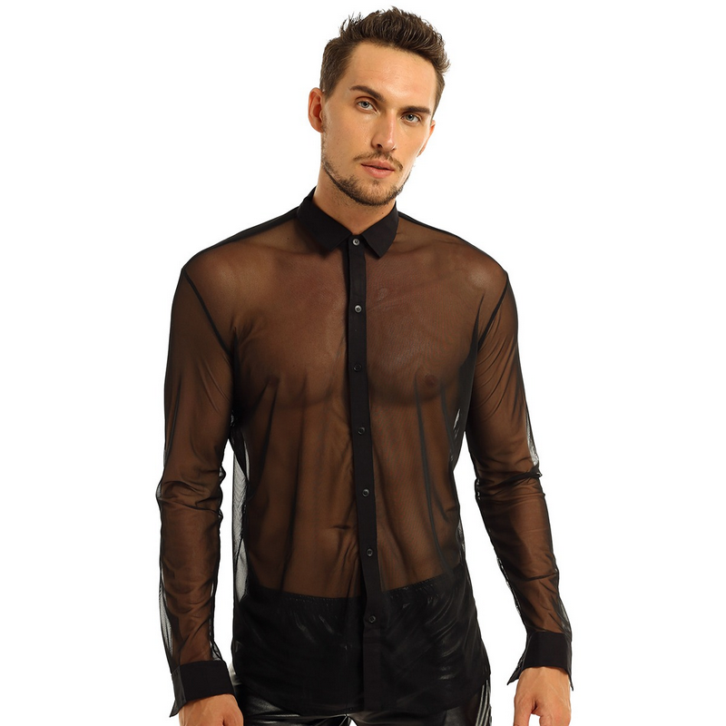 Men's See-through Mesh Shirt with Turn-down Collar and Long Sleeves / Sexy Outfits for Men - EVE's SECRETS