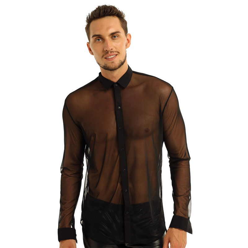 Men's See-through Mesh Shirt with Turn-down Collar and Long Sleeves / Sexy Outfits for Men - EVE's SECRETS