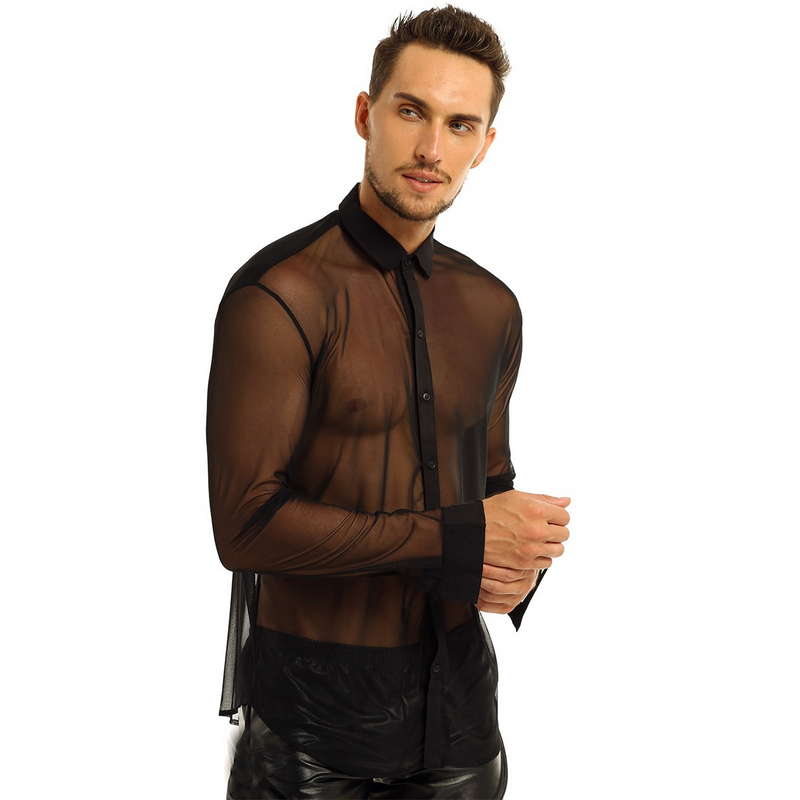 Men's See-through Mesh Shirt with Turn-down Collar and Long Sleeves / Sexy Outfits for Men - EVE's SECRETS