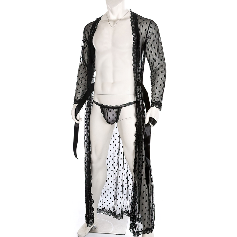 Men's See-Through Nightwear Mesh Lingerie / Lace Trim Night-Gown G-String Sleepwear - EVE's SECRETS