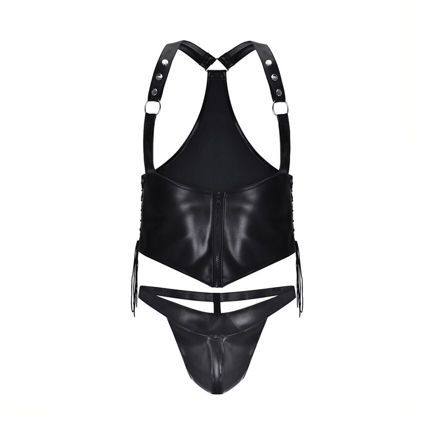 Men's Sexy Black Vest and Briefs in BDSM Style / Male PU Leather Fetish Outfits - EVE's SECRETS