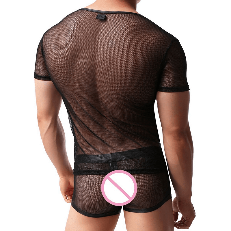 Men's Sexy Mesh T-Shirt and Low-Rise Boxer Briefs Set / Black Transparent Underwear for Men - EVE's SECRETS
