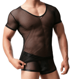 Men's Sexy Mesh T-Shirt and Low-Rise Boxer Briefs Set / Black Transparent Underwear for Men - EVE's SECRETS