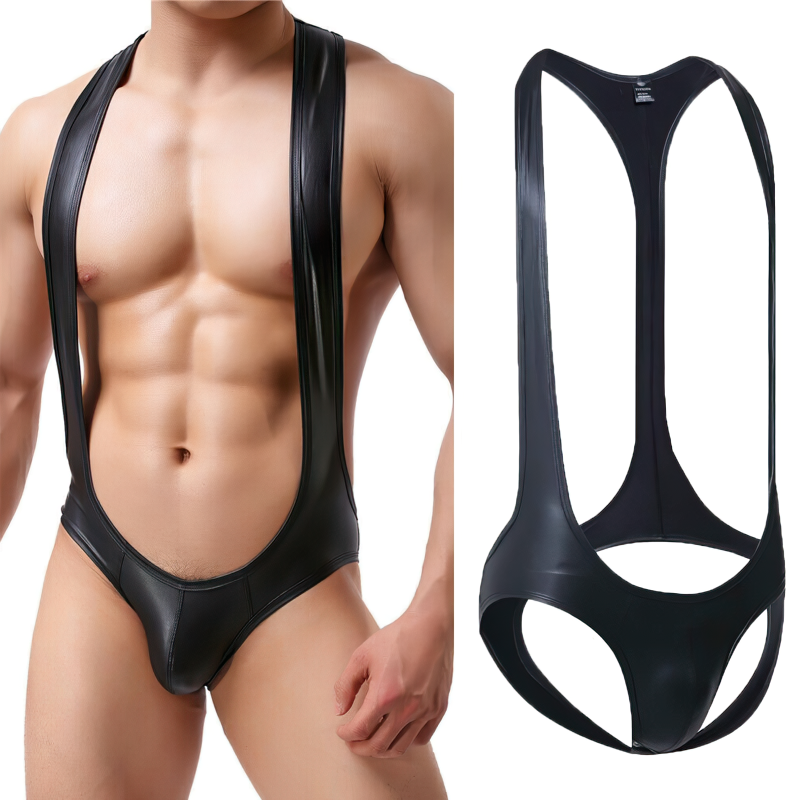 Men's Sexy PU Leather Open Butt Bodysuit / Male Wrestling Suspender Jumpsuit Underwear - EVE's SECRETS