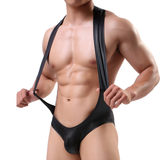 Men's Sexy PU Leather Open Butt Bodysuit / Male Wrestling Suspender Jumpsuit Underwear - EVE's SECRETS