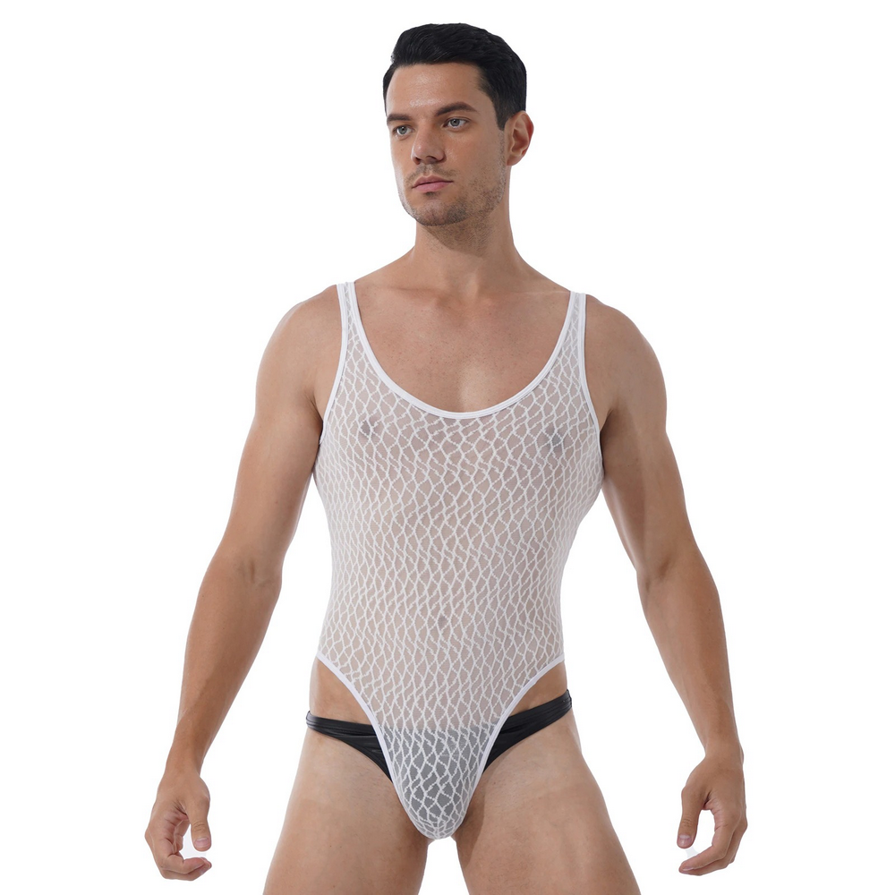 Men's Sexy See-through Mesh Sleeveless Bodysuit / Erotic High Cut Round Neck Gay Underwear - EVE's SECRETS