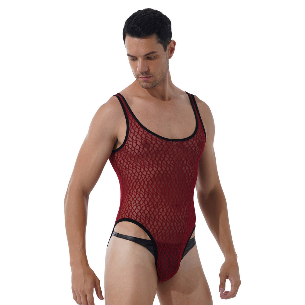 Men's Sexy See-through Mesh Sleeveless Bodysuit / Erotic High Cut Round Neck Gay Underwear - EVE's SECRETS
