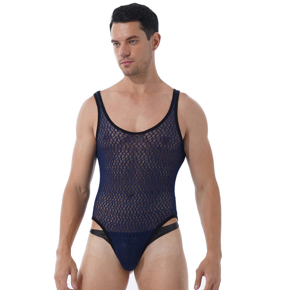 Men's Sexy See-through Mesh Sleeveless Bodysuit / Erotic High Cut Round Neck Gay Underwear - EVE's SECRETS