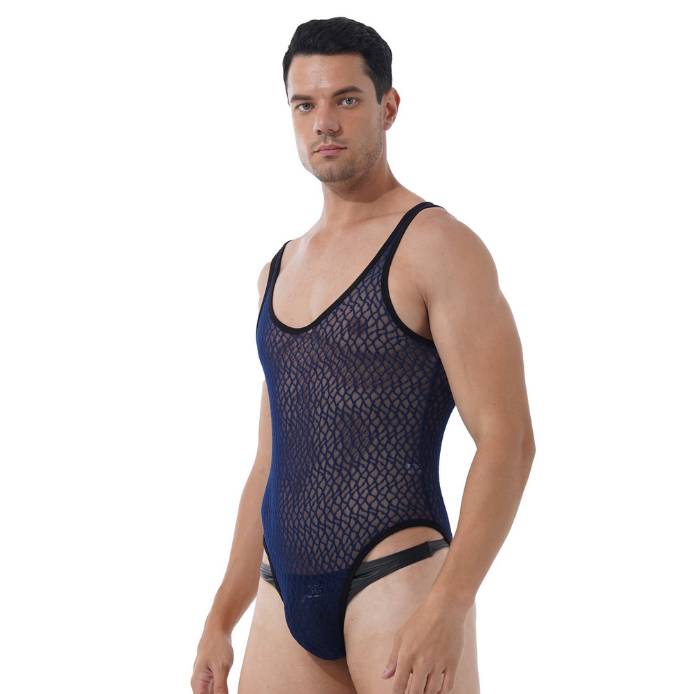 Men's Sexy See-through Mesh Sleeveless Bodysuit / Erotic High Cut Round Neck Gay Underwear - EVE's SECRETS