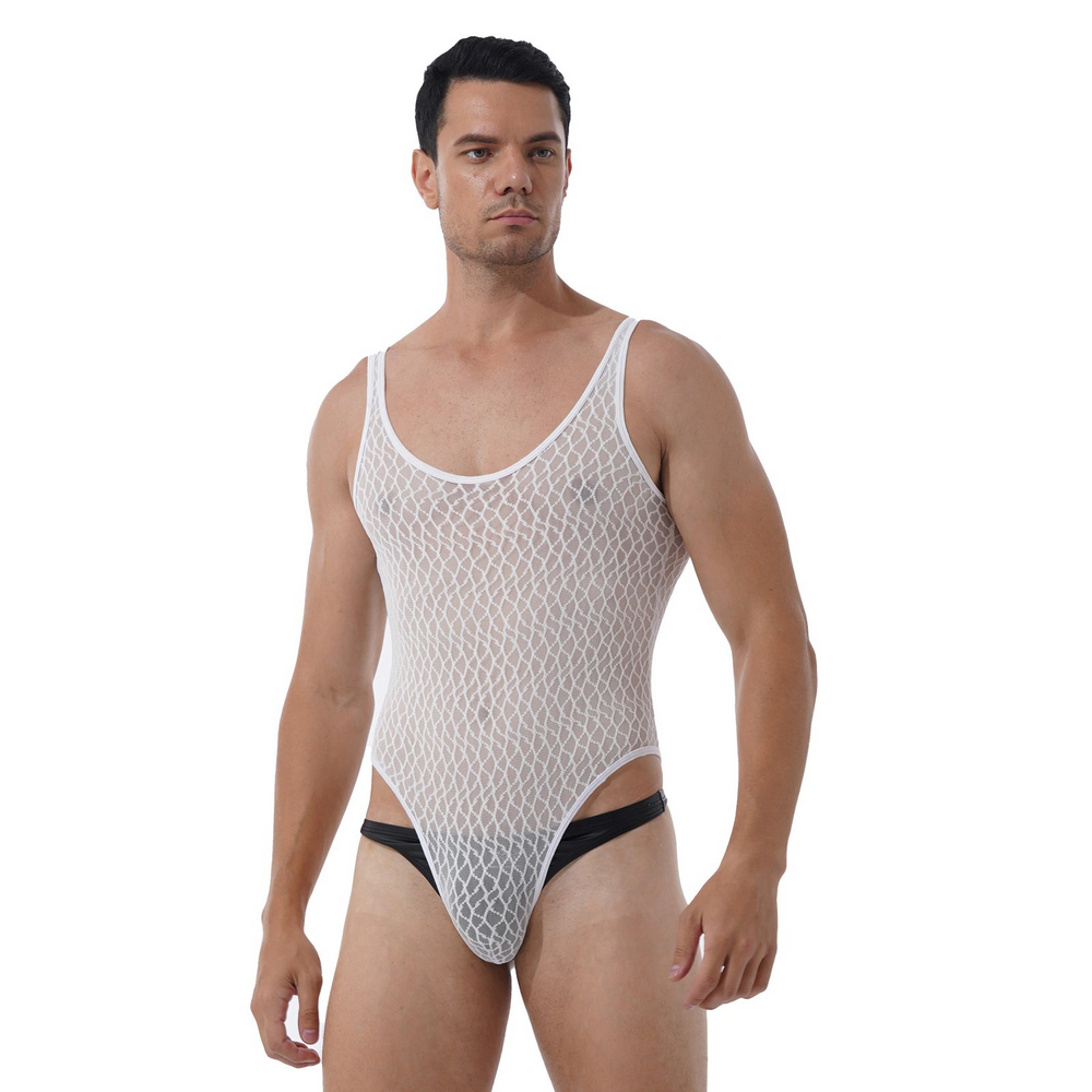 Men's Sexy See-through Mesh Sleeveless Bodysuit / Erotic High Cut Round Neck Gay Underwear - EVE's SECRETS