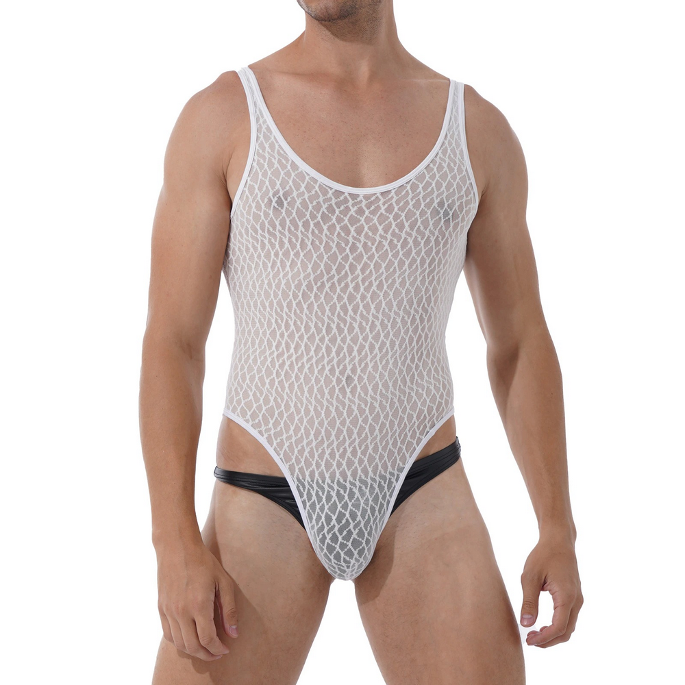 Men's Sexy See-through Mesh Sleeveless Bodysuit / Erotic High Cut Round Neck Gay Underwear - EVE's SECRETS
