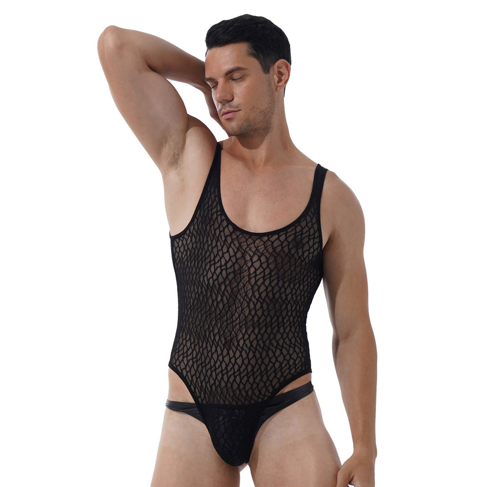 Men's Sexy See-through Mesh Sleeveless Bodysuit / Erotic High Cut Round Neck Gay Underwear - EVE's SECRETS