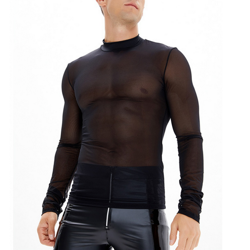 Men's Sheer Long Sleeve Top / Mesh Mock Neck T-Shirt / Male Sexy Outfits - EVE's SECRETS