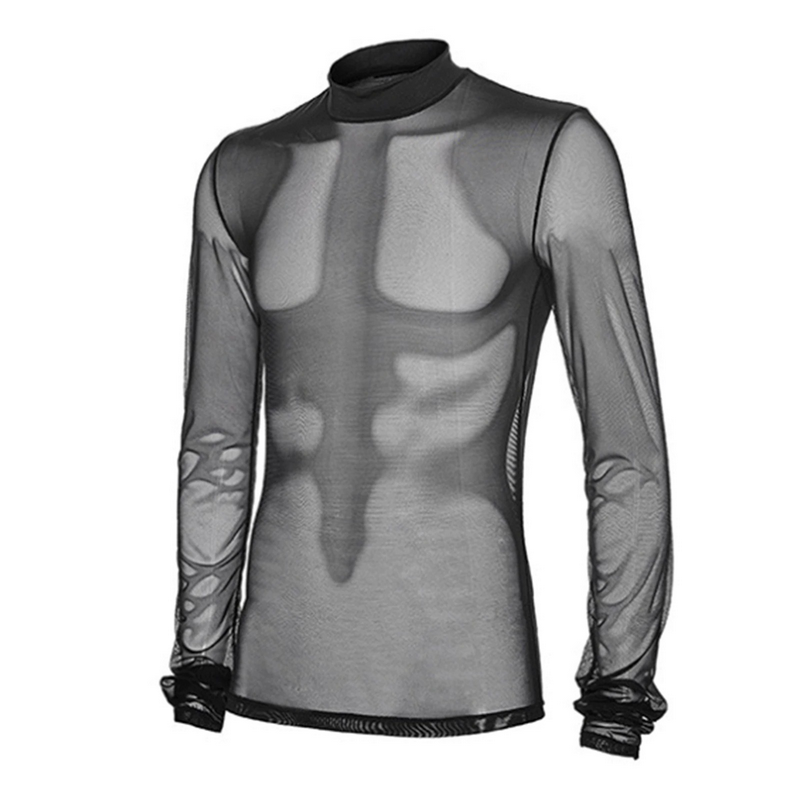 Men's Sheer Long Sleeve Top / Mesh Mock Neck T-Shirt / Male Sexy Outfits - EVE's SECRETS