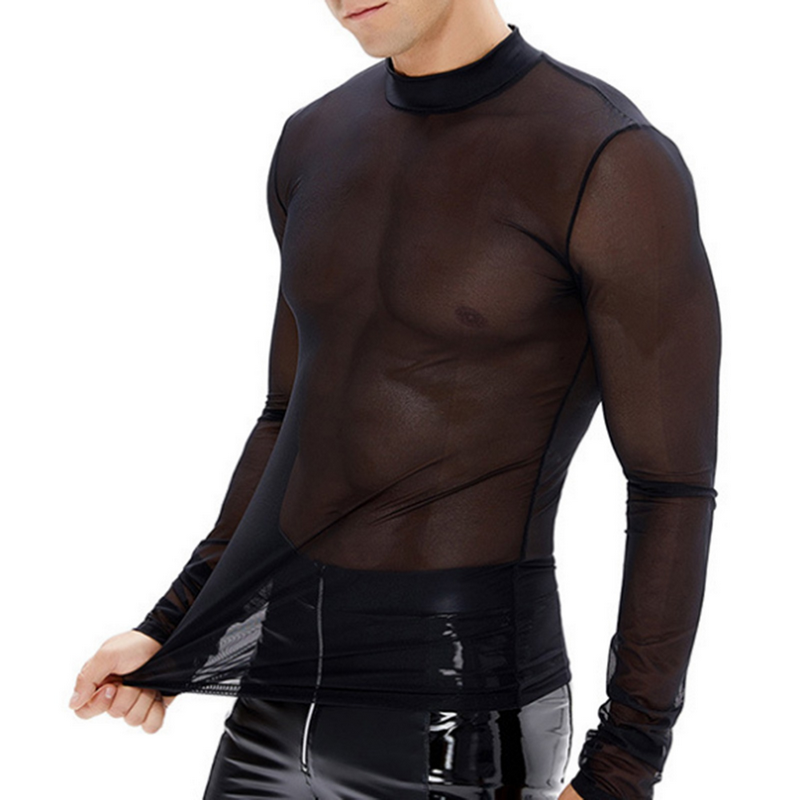Men's Sheer Long Sleeve Top / Mesh Mock Neck T-Shirt / Male Sexy Outfits - EVE's SECRETS