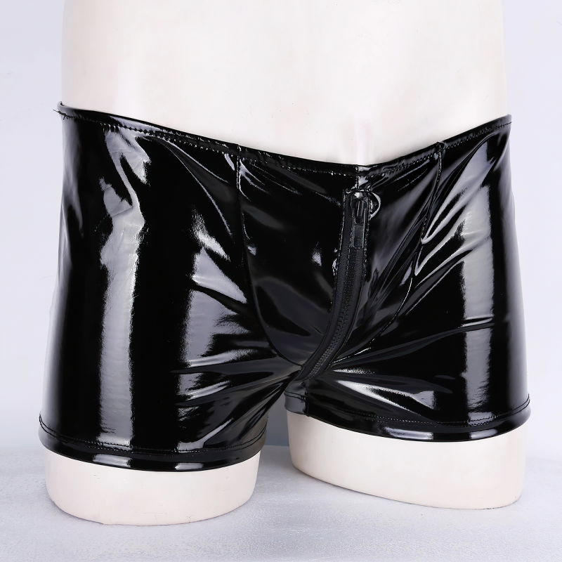 Men's Shiny Metallic Zipper Panties / Bulge Pouch Open Butt Boxer Underwear Shorts - EVE's SECRETS
