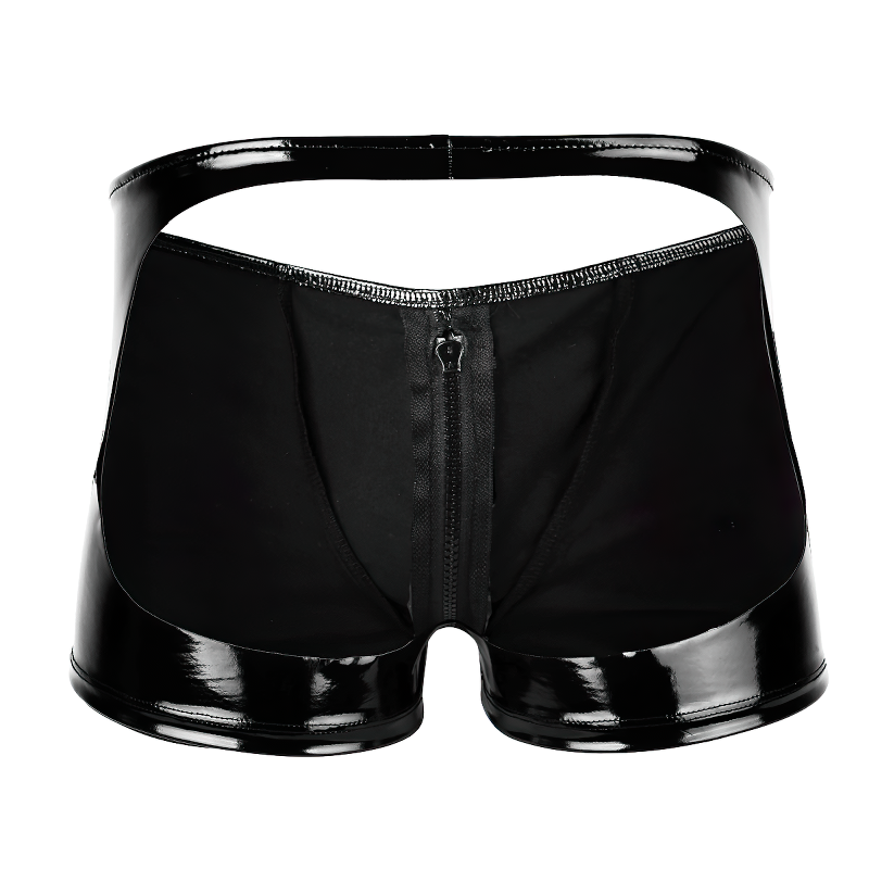 Men's Shiny Metallic Zipper Panties / Bulge Pouch Open Butt Boxer Underwear Shorts - EVE's SECRETS
