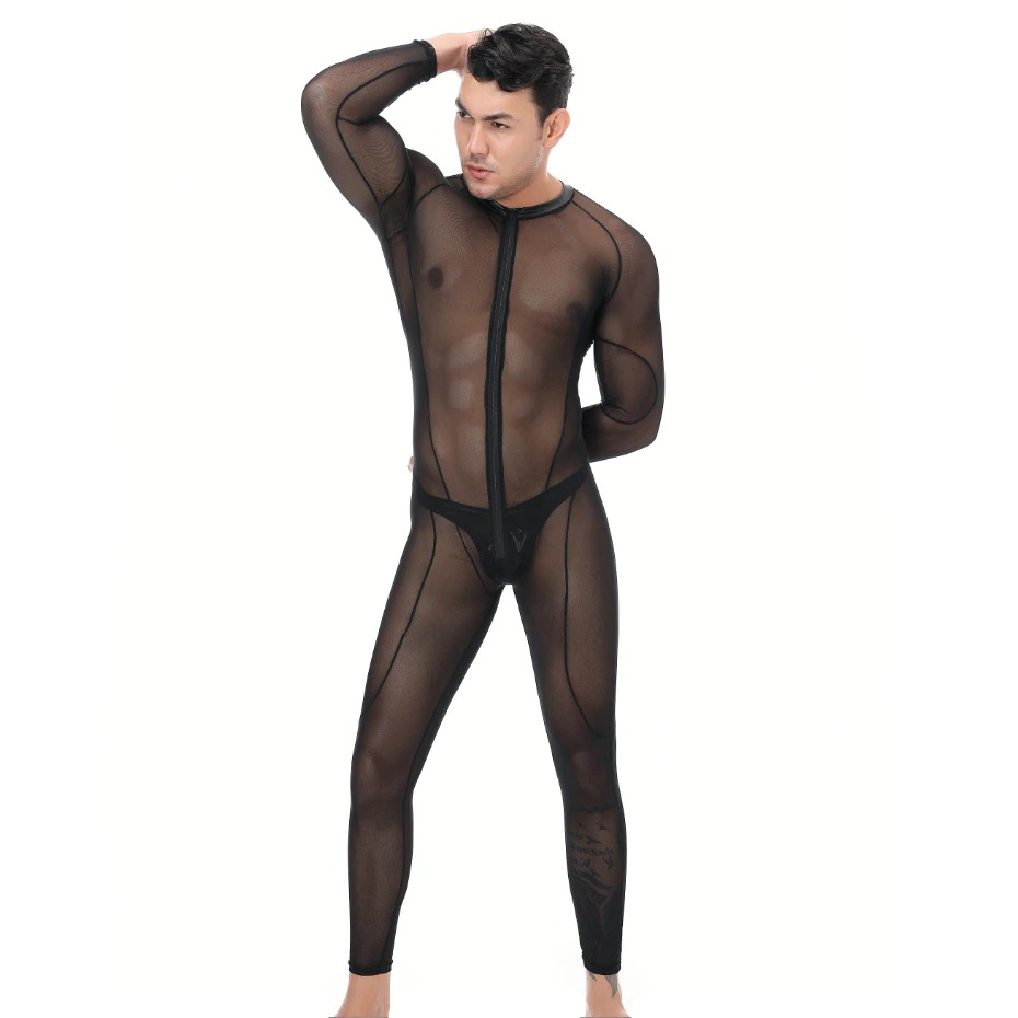 Men's Shiny PU Leather Catsuit in Black Color / Sexy Wet Look Clothing with Zipper & Open Crotch - EVE's SECRETS