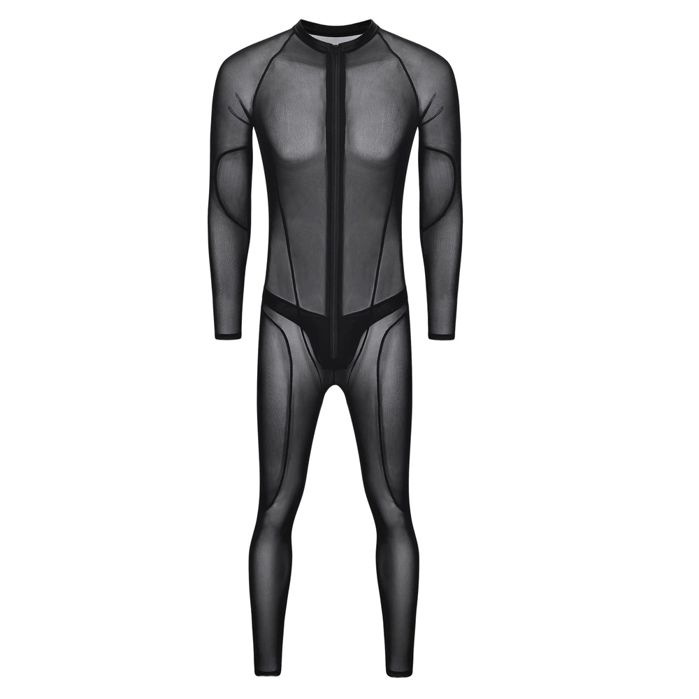 Men's Shiny PU Leather Catsuit in Black Color / Sexy Wet Look Clothing with Zipper & Open Crotch - EVE's SECRETS
