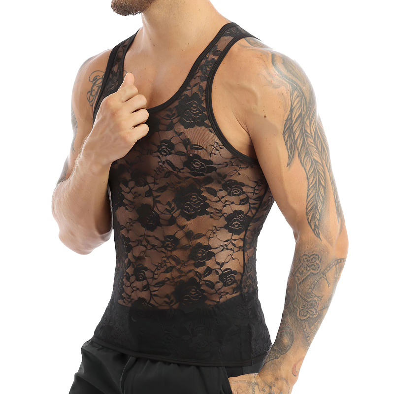 Men's Sissy See Through Sheer Lingerie / Sexy Lace Fitted Fitted T-Shirt / Exotic Gay Undershirt - EVE's SECRETS