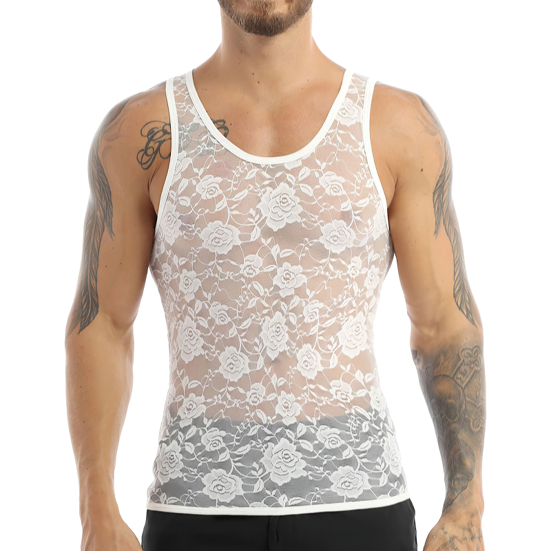 Men's Sissy See Through Sheer Lingerie / Sexy Lace Fitted Fitted T-Shirt / Exotic Gay Undershirt - EVE's SECRETS