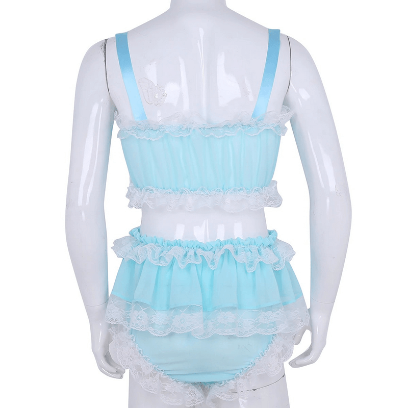 Men's Sissy Sleeveless Crop Top and Skirted Panties / Male Lace Trimming Lingerie - EVE's SECRETS