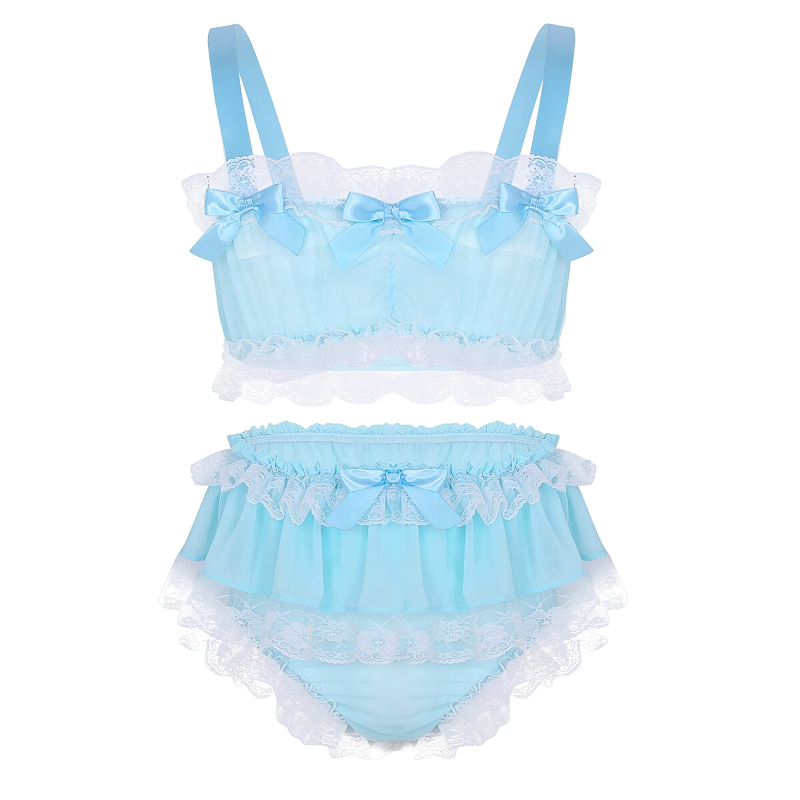 Men's Sissy Sleeveless Crop Top Lingerie /  Lace Sheer Chiffon With Skirted Panties Nightwear - EVE's SECRETS