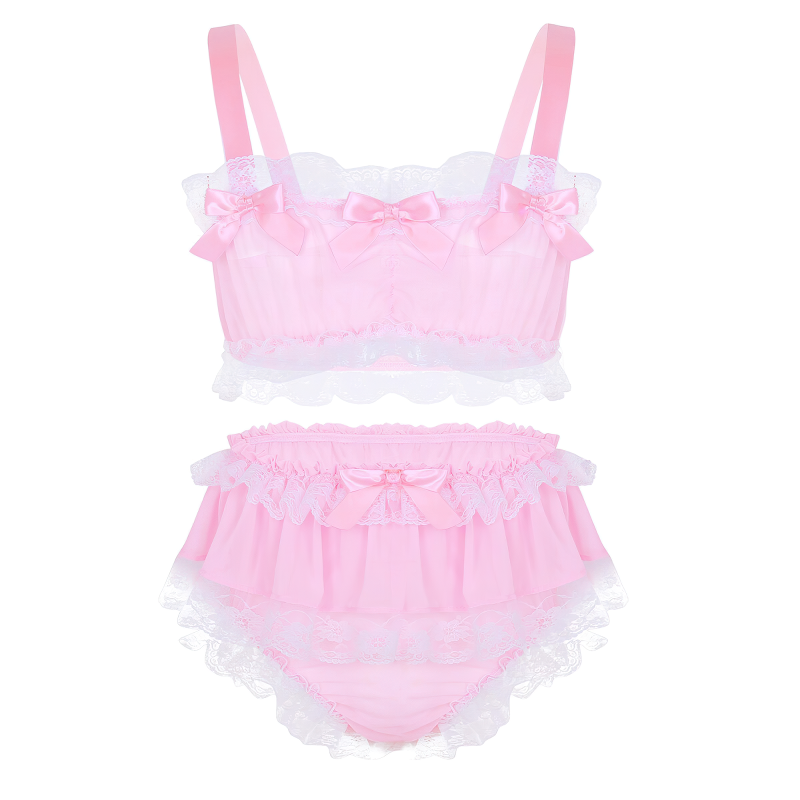 Men's Sissy Sleeveless Crop Top Lingerie /  Lace Sheer Chiffon With Skirted Panties Nightwear - EVE's SECRETS