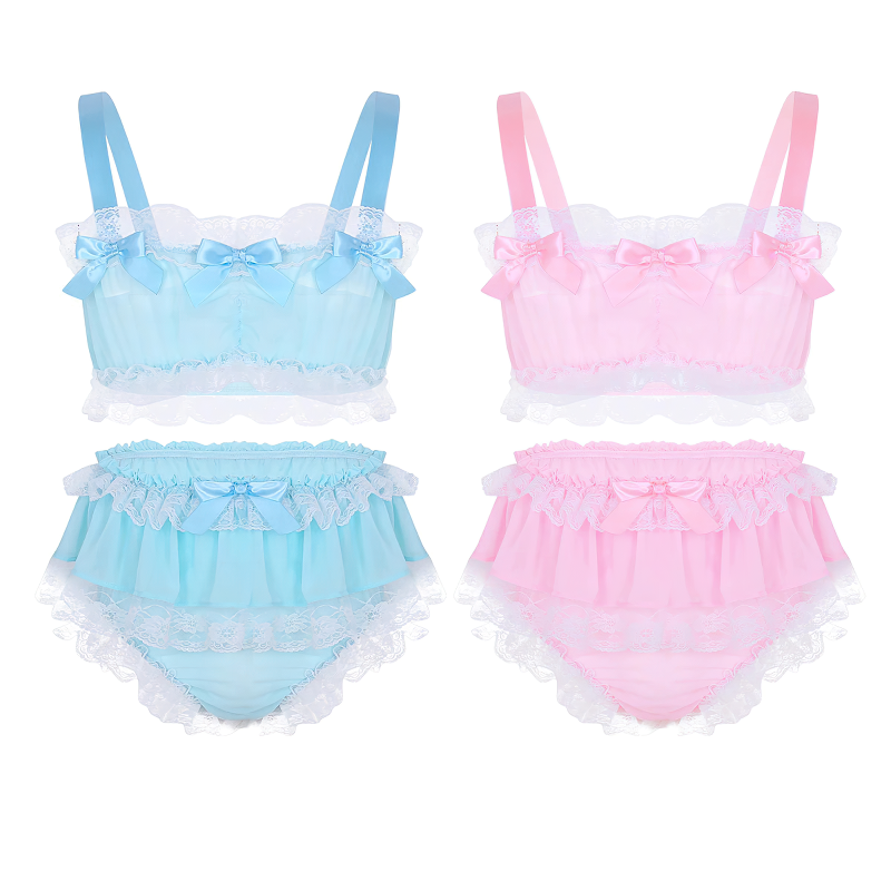 Men's Sissy Sleeveless Crop Top Lingerie /  Lace Sheer Chiffon With Skirted Panties Nightwear - EVE's SECRETS