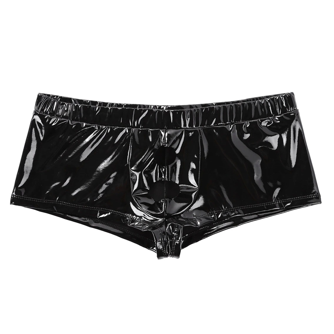 Men's Underwear with Holes on Front in Black Color / Wet Look Patent Leather Sexy Pouch Boxers - EVE's SECRETS