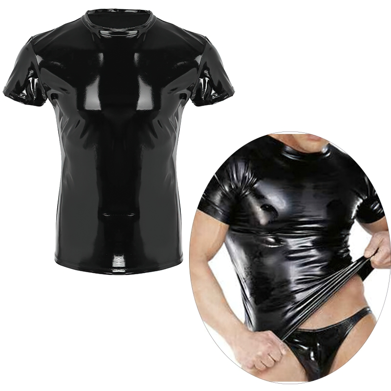 Men's Wetlook Latex T-Shirt / Male Black Night Parties Tight T-Shirts / Exotic Gay Homme Costume - EVE's SECRETS