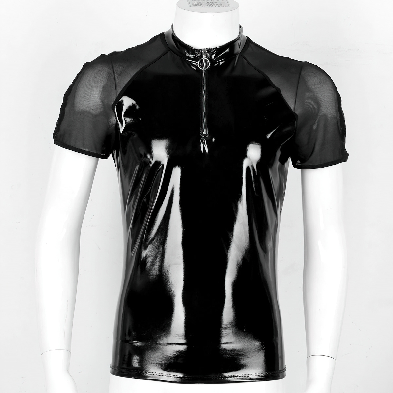 Men's Wetlook T-Shirt With Round Neck / Clothing With Short Sleeves And Half Front Zipper - EVE's SECRETS