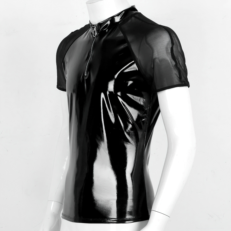 Men's Wetlook T-Shirt With Round Neck / Clothing With Short Sleeves And Half Front Zipper - EVE's SECRETS