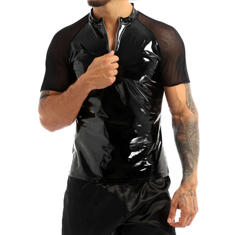 Men's Wetlook T-Shirt With Round Neck / Clothing With Short Sleeves And Half Front Zipper - EVE's SECRETS
