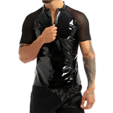 T-shirt à col rond en wetlook pour hommes avec manches courtes et demi-fermeture éclair à l'avant / Tenues sexy masculines