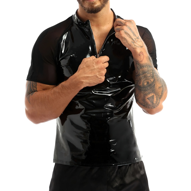 Men's Wetlook T-Shirt With Round Neck / Clothing With Short Sleeves And Half Front Zipper - EVE's SECRETS