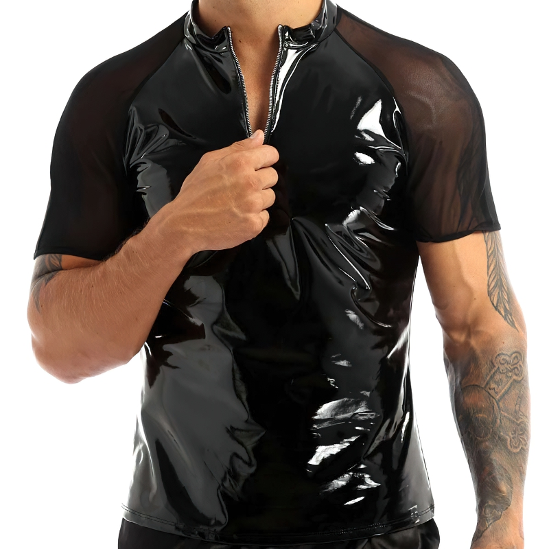 Men's Wetlook T-Shirt With Round Neck / Clothing With Short Sleeves And Half Front Zipper - EVE's SECRETS