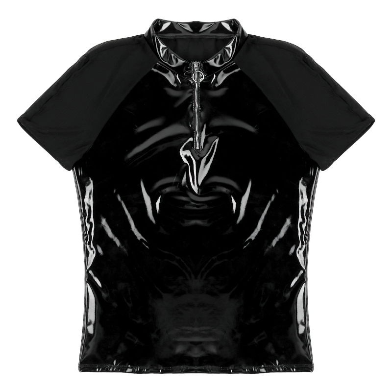 Men's Wetlook T-Shirt With Round Neck / Clothing With Short Sleeves And Half Front Zipper - EVE's SECRETS