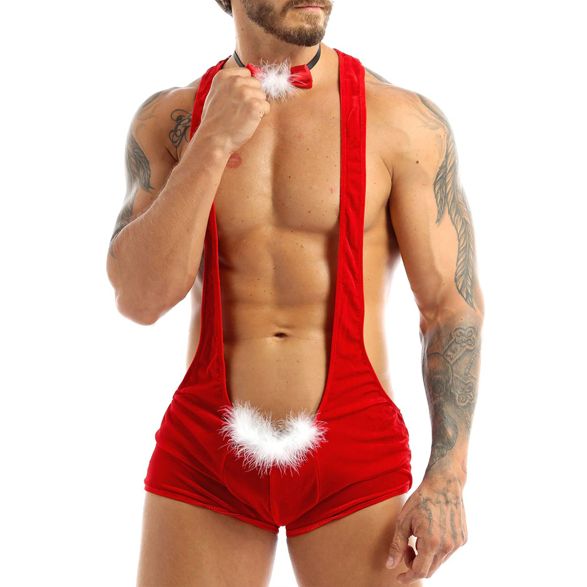 Men's Xmas Bodysuit with Bowtie / Racerback Red Leotard with Faux Feather / Sexy Clothing for Men - EVE's SECRETS