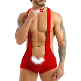 Men's Xmas Bodysuit with Bowtie / Racerback Red Leotard with Faux Feather / Sexy Clothing for Men - EVE's SECRETS