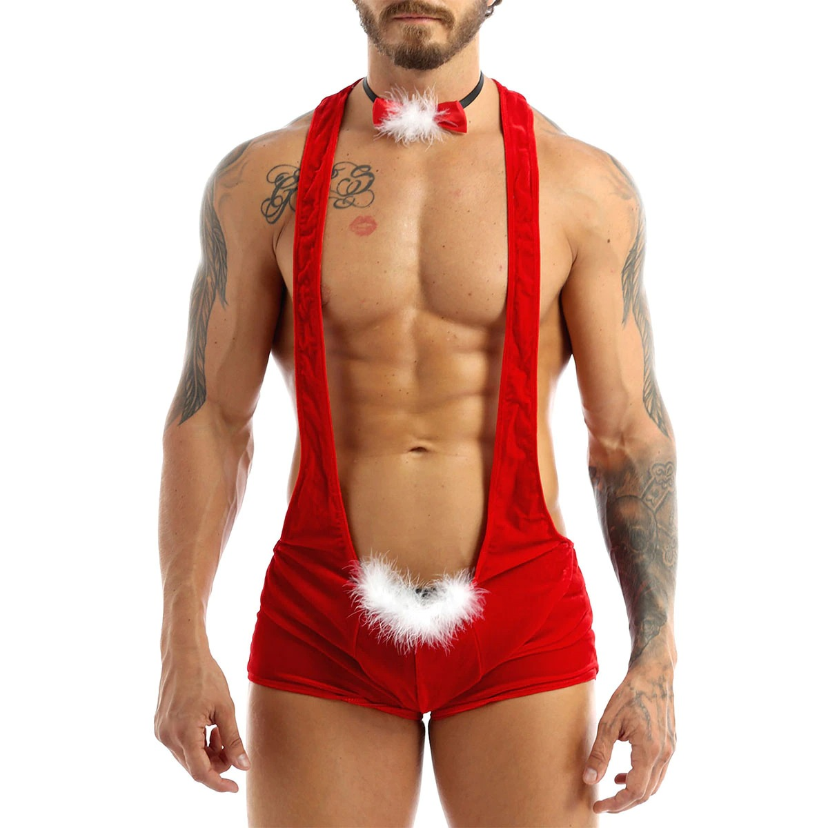 Men's Xmas Bodysuit with Bowtie / Racerback Red Leotard with Faux Feather / Sexy Clothing for Men - EVE's SECRETS