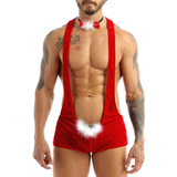 Men's Xmas Bodysuit with Bowtie / Racerback Red Leotard with Faux Feather / Sexy Clothing for Men - EVE's SECRETS
